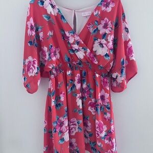 Pink Lily  size medium Pink Floral  Dress bat sleeve elastic waist
